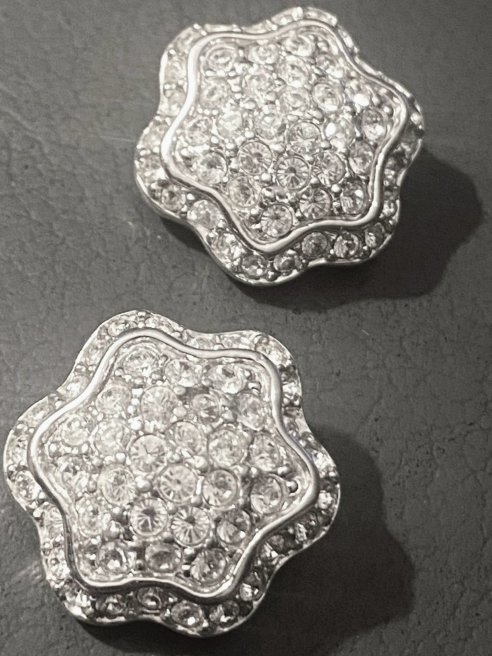 Vintage Swarovski Flower Clear Pave Rhinestones Clip-On Earrings Signed